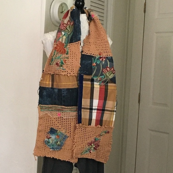 Hand Crafted Accessories - Handmade Boho Denim Patchwork Knit Scarf
